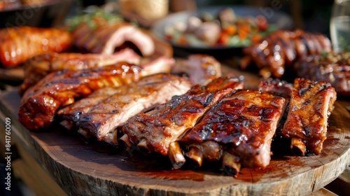 A BBQ feast with a variety of meats, including tender pork ribs, served on a wooden platter.