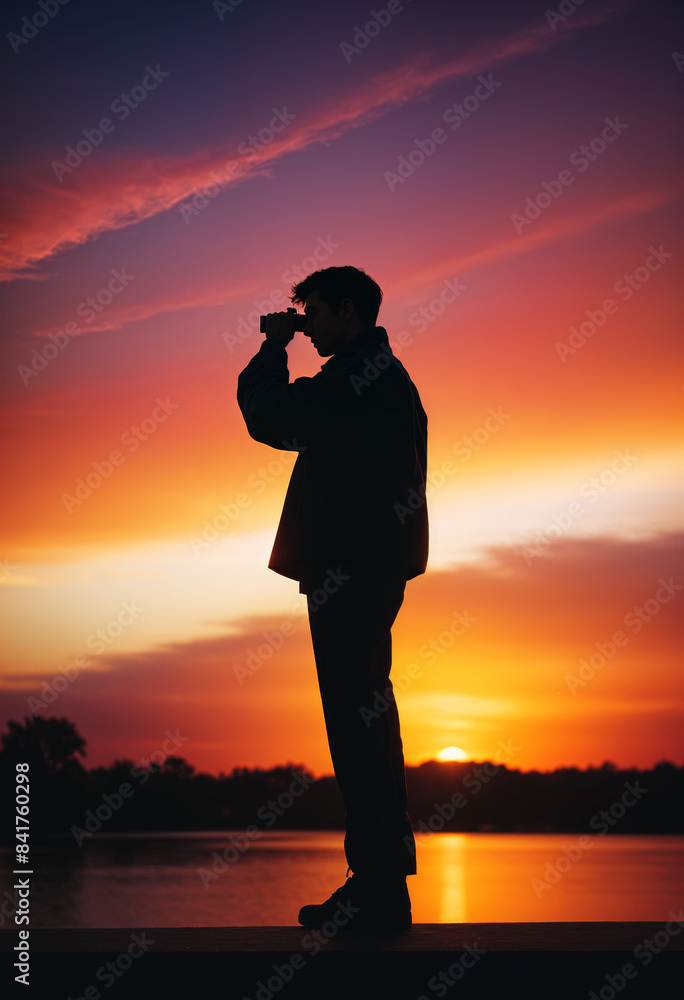 Fototapeta premium silhouette of man taking photo and looking at the sunset