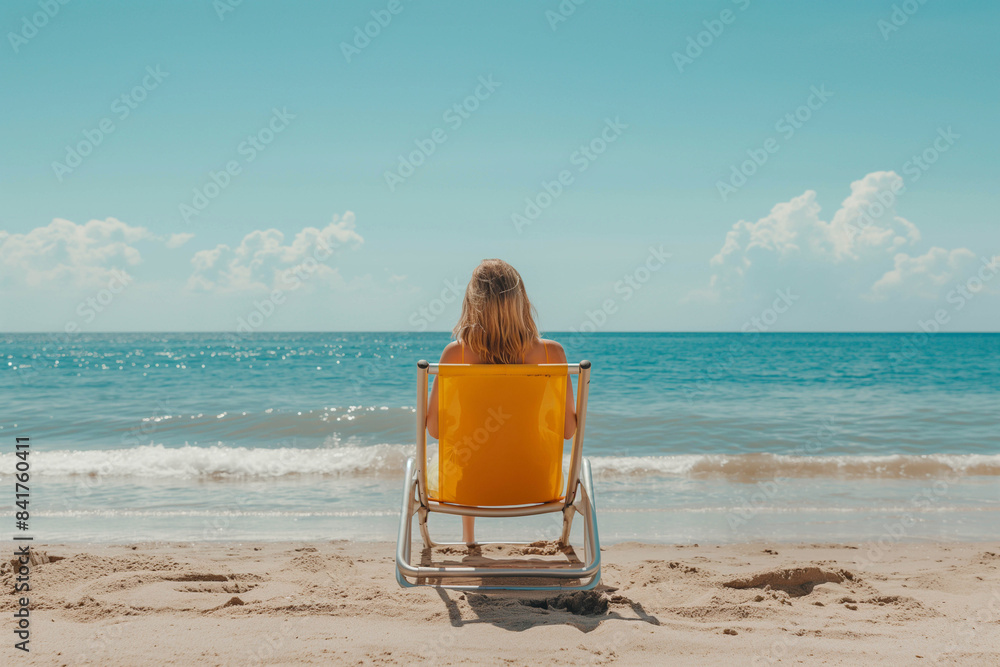 Beautiful woman lies on a sun lounger on the beach looking at the sea and sunbathing, bright summer colors, photo for advertising Beautiful woman lies on a sun lounger on the beach looking at the sea and sunbathing, bright summer colors, photo for advertising