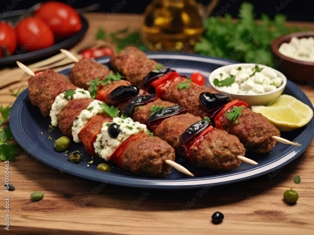 Kebab served in plate with lemon, salad and sauce Kebab served in plate with lemon, salad and sauce