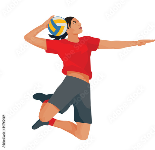 Isolated girl figure of a Korean women's volleyball player in profile who aims and throws the ball forward
