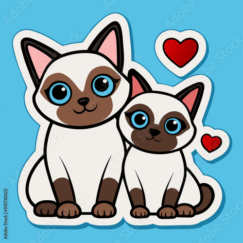 Sticer. Two Siamese cats and hearts.