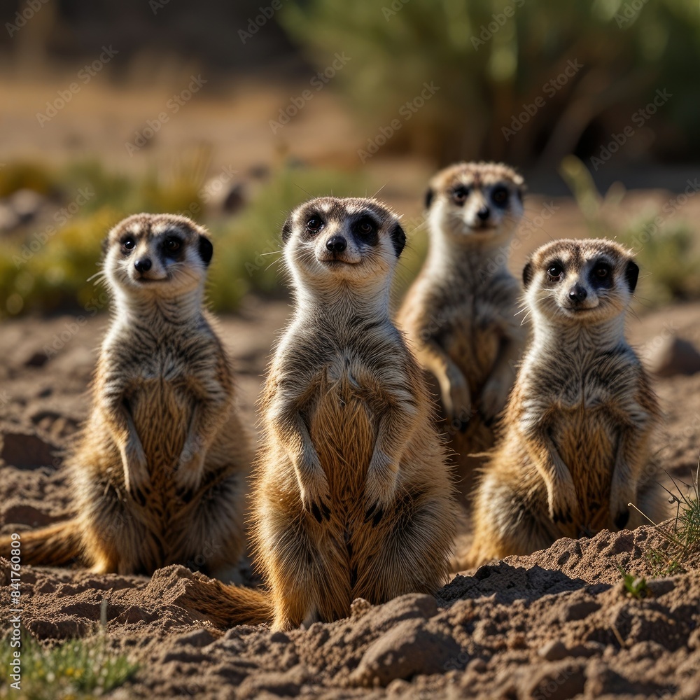 four meerkats are standing in the dirt. four meerkats are standing in the dirt.