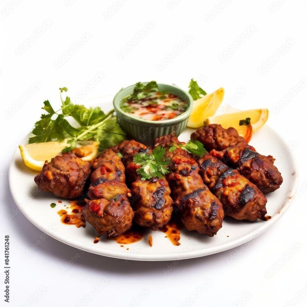 Kebab served in plate with lemon, salad and sauce Kebab served in plate with lemon, salad and sauce