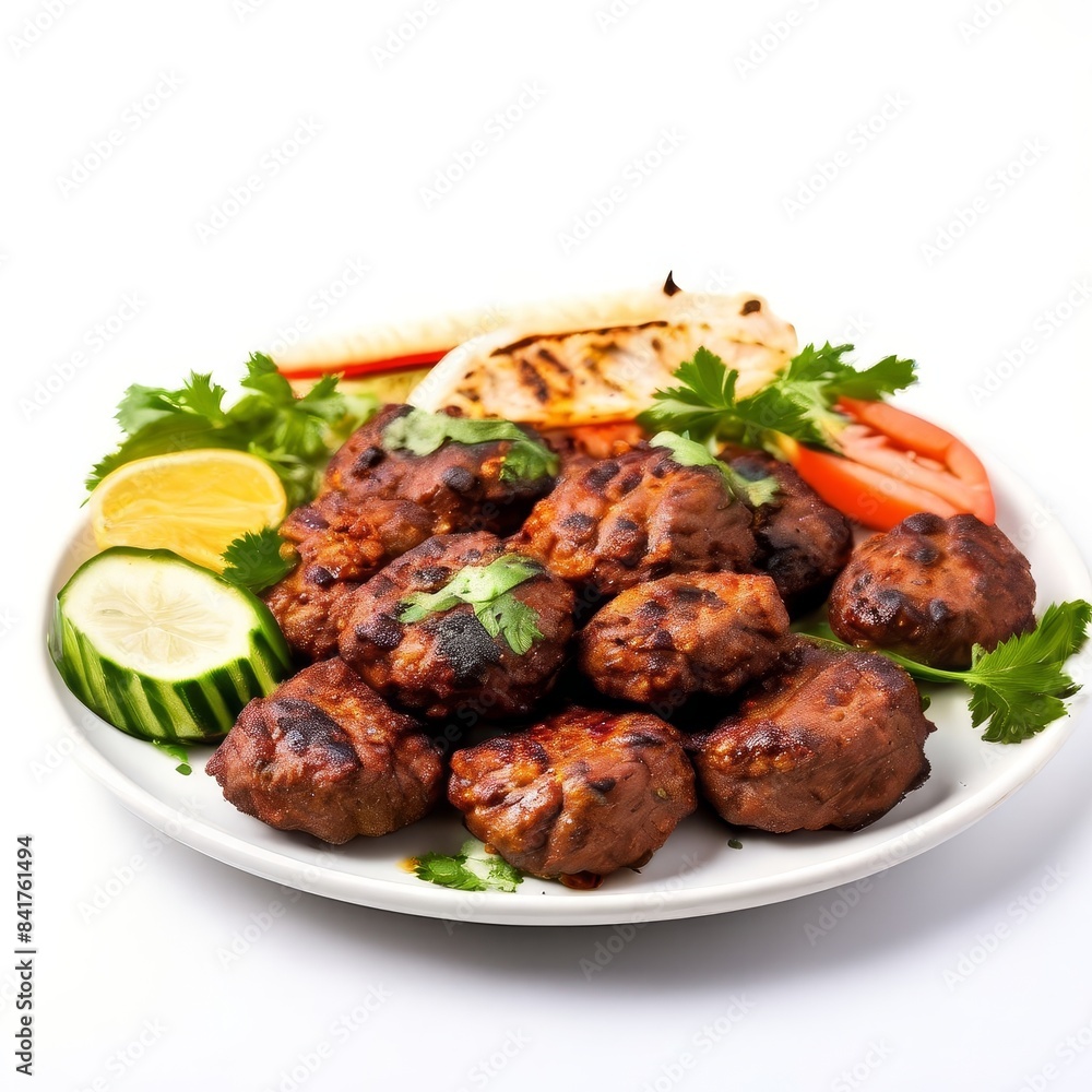 Kebab served in plate with lemon, salad and sauce Kebab served in plate with lemon, salad and sauce