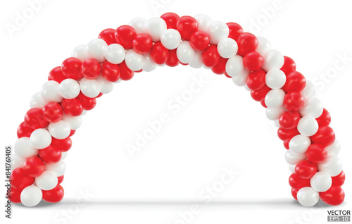 3D render balloon arch entrance. White and Red Balloons in the Shape of Arc, Gate, or Portal isolate on a white background. 3d vector illustration.