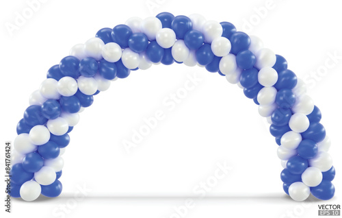3D render balloon arch entrance. White and Blue Balloons in the Shape of Arc, Gate, or Portal isolate on a white background. 3d vector illustration.