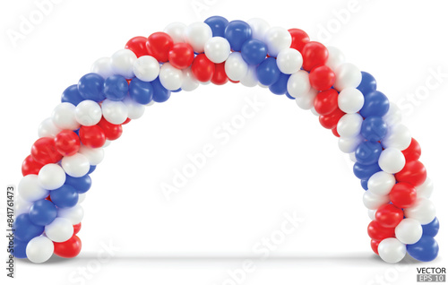 3D render balloon arch entrance. White, Red and Blue Balloons in the Shape of Arc, Gate, or Portal isolate on a white background. 3d vector illustration.