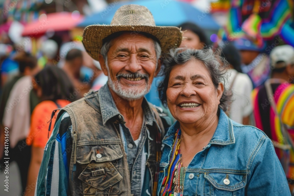 Portrait of a smiling latino couple in their 60s sporting a rugged denim jacket isolated on vibrant festival crowd Portrait of a smiling latino couple in their 60s sporting a rugged denim jacket isolated on vibrant festival crowd