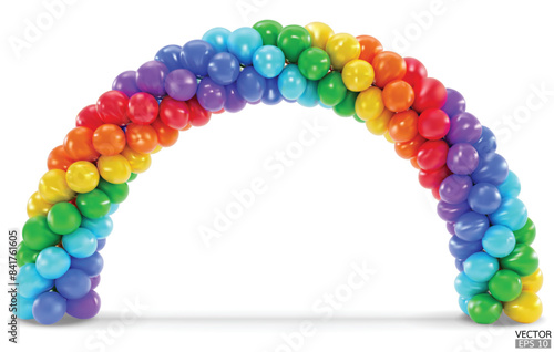 3D render rainbow balloon arch entrance. Rainbow Balloons in the Shape of Arc, Gate, or Portal isolate on a white background. 3d vector illustration.