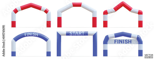 Set of Realistic 3D Inflatable start and finish arch for sports competitions. Inflatable archway, Arch gates of different shapes for outdoor sport events like marathon racing. 3D vector illustration.