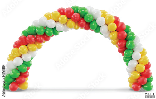 3D render balloon arch entrance. Green, white, Red and Yellow Balloons in the Shape of Arc, Gate, or Portal isolate on a white background. 3d vector illustration.