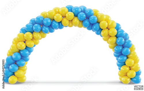 3D render balloon arch entrance. Blue and Yellow Balloons in the Shape of Arc, Gate, or Portal isolate on a white background. 3d vector illustration.