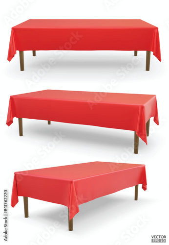 Set of realistic Rectangular table with red Tablecloth isolated on white Background.  Empty cloth table. Silk table clothes. Meeting room table clothes. 3D vector illustration.