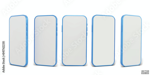 3D smartphone mockup with white screen. Blue mobile phone isolated on white background. 3d vector illustration