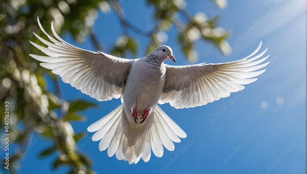White dove in flight against the blue sky. Symbol of peace, goodness and purity White dove in flight against the blue sky. Symbol of peace, goodness and purity