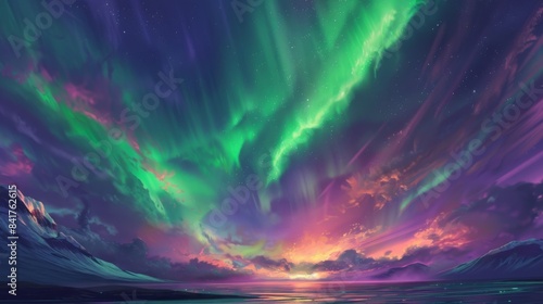 A breathtaking view of the aurora borealis dancing across the night sky, painting it with vibrant hues of green and purple. © Plaifah