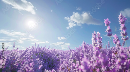 Lavender field in full bloom under a clear sky with scattered clouds