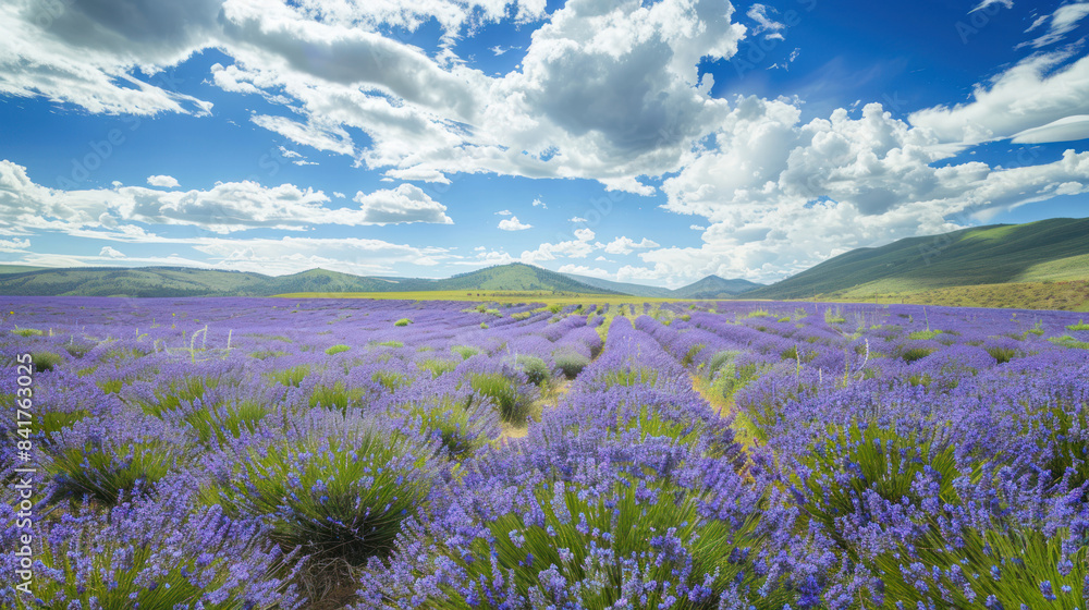 Naklejka premium Lavender field in full bloom under a clear sky with scattered clouds