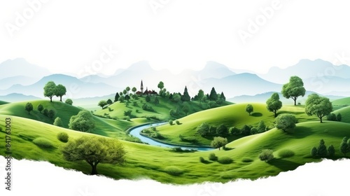 green landscape isolated on white background, nature, mountain, trees, sky, forest, background, hill, watercolor, scenery, morning, summer, travel, recreation, relax © Polpimol