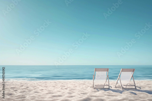 3D illustration of an advertising banner on a beach theme  two sun loungers on a sandy beach  advertising banner.