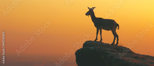 A goat standing on a rocky hill  silhouetted by the morning light. copy and space