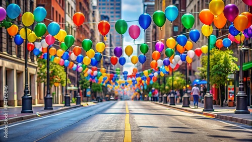 Vibrant city street with colorful balloons and flags, empty sidewalk stretch, and blurred background, conveying unity and celebration of diversity.