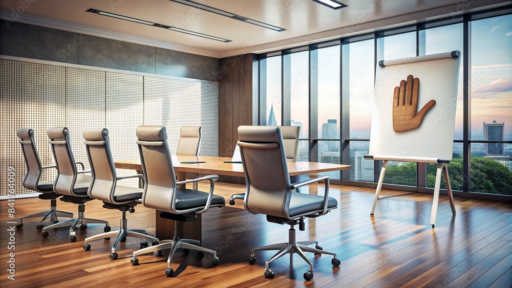 Empty conference room with a raised hand icon on the presentation screen, a flipchart with leadership notes, and a vacant chair, conveying a sense of anticipation. Empty conference room with a raised hand icon on the presentation screen, a flipchart with leadership notes, and a vacant chair, conveying a sense of anticipation.