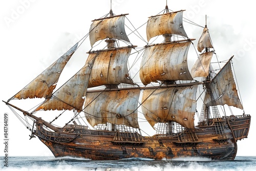 An aged pirate ship crafted from wood, isolated against a transparent background.