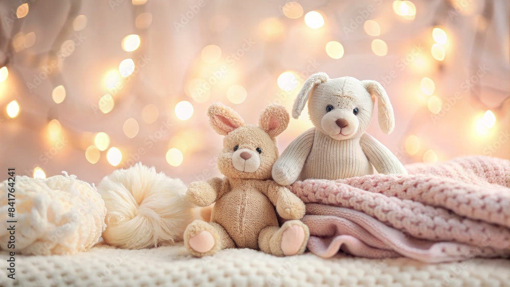 Fototapeta premium Softly lit pastel background with gentle focus on warm textiles and plush toys, conveying a sense of nurturing, love, and tender care.