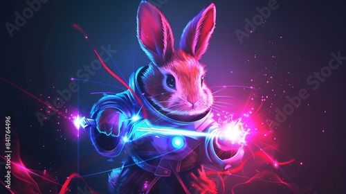 Funny bunny in space warrior clothes and with a glowing sword, cute pet for background 