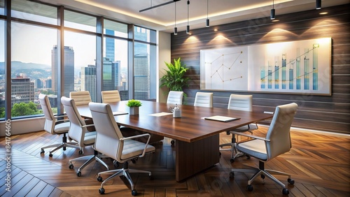 A modern, sleek boardroom table with empty chairs, a whiteboard with notes, and a projector screen displaying a business strategy diagram.