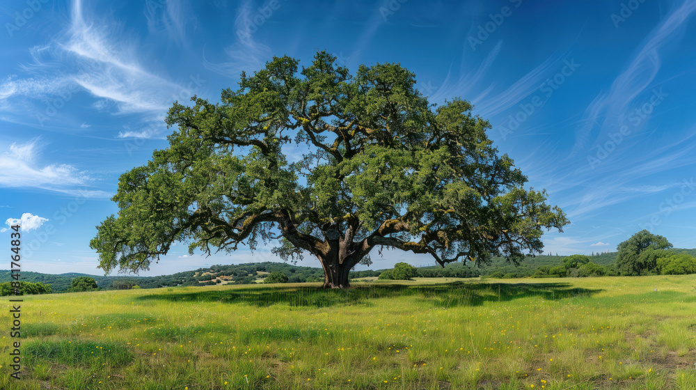 Majestic oak tree in a sprawling green meadow under a bright blue sky Majestic oak tree in a sprawling green meadow under a bright blue sky