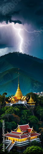 A dramatic scene of Doi Suthep Temple during a storm with lightning bolts illuminating the golden pagodas and dark clouds hanging heavy over the mountain