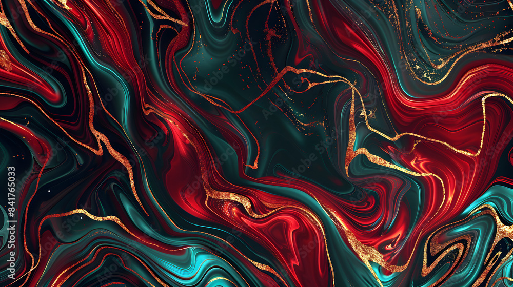Obraz premium A dark red and turquoise marble pattern with gold veins. fluid lines. vector art. dark background 