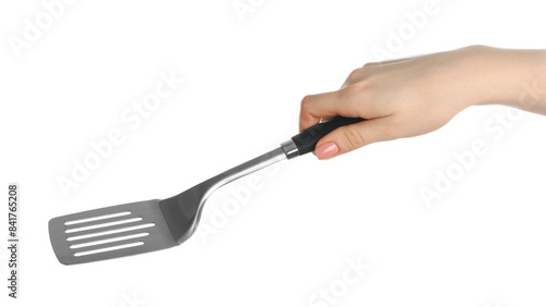 Foto Woman with metal spatula on white background, closeup