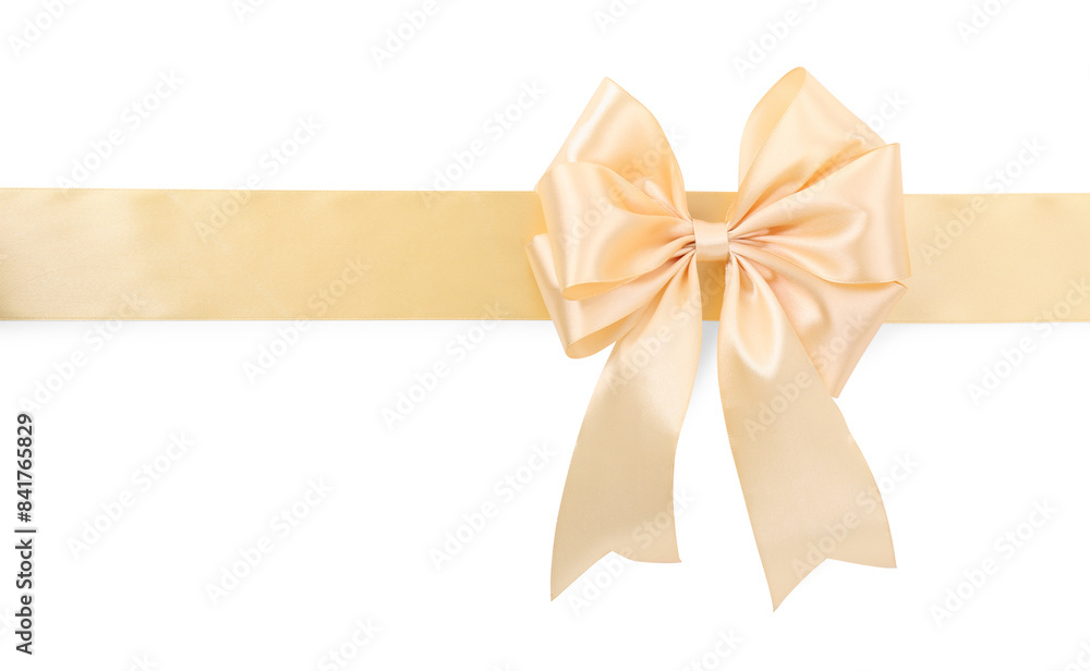 Beige satin ribbon with bow isolated on white, top view Beige satin ribbon with bow isolated on white, top view