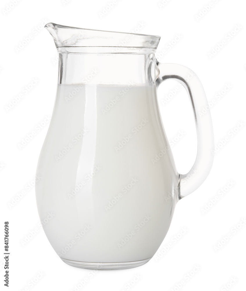 Glass jug of fresh milk isolated on white