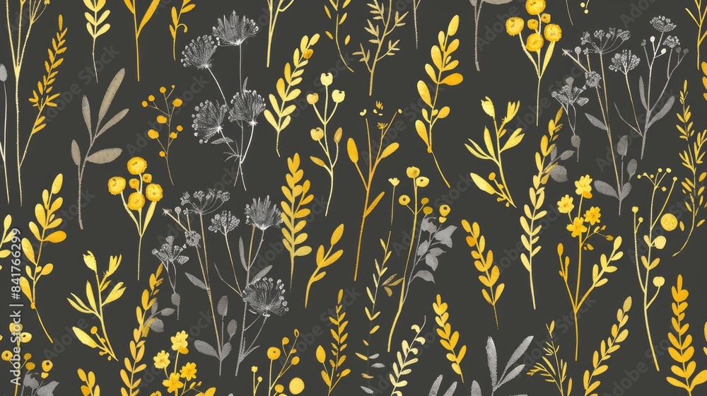 Yellow field plants on gray background seamless pattern with flowers Great for wrapping paper cards scrapbooking and fabric design Yellow field plants on gray background seamless pattern with flowers Great for wrapping paper cards scrapbooking and fabric design