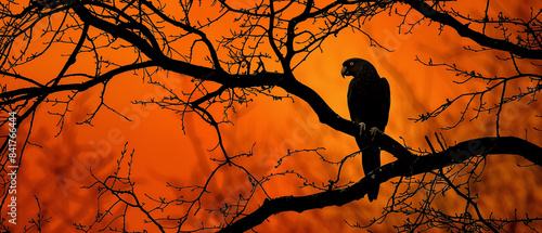 A parrot perched in a tree  silhouetted by the sunset. copy and space