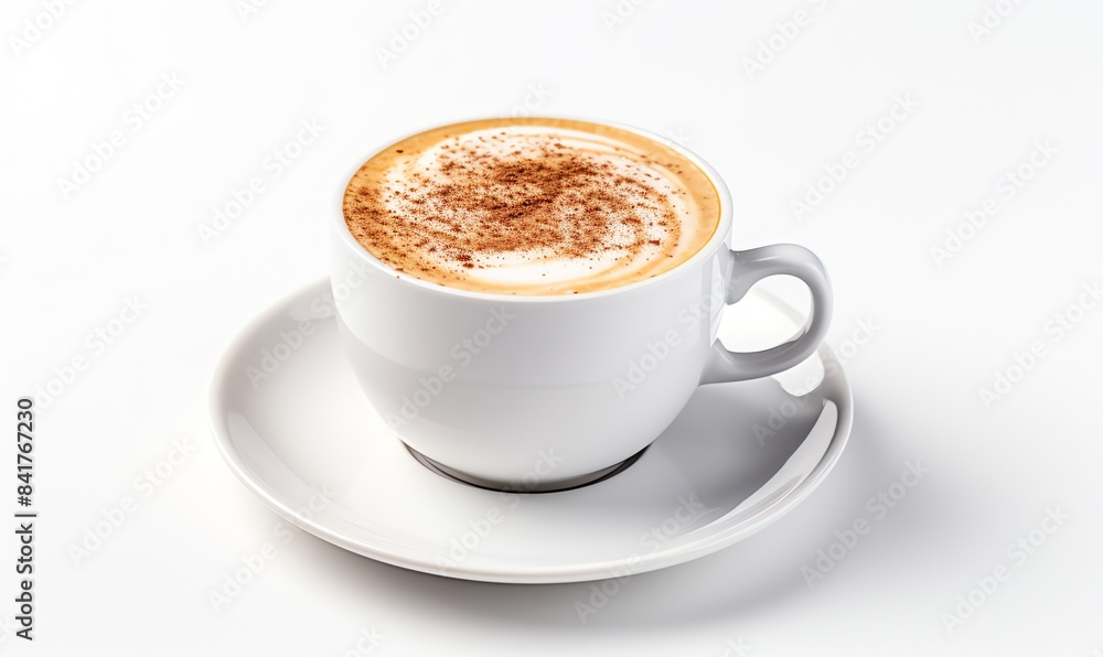 White background with cup of warm cappuccino White background with cup of warm cappuccino