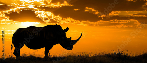 A rhino standing alone, silhouetted by the dusk light. copy and space