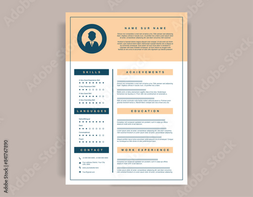 Professional CV Resume template design. Letterhead, Cover letter - Vector minimalist - Blue, Highlight Orange, White color And Grey background.