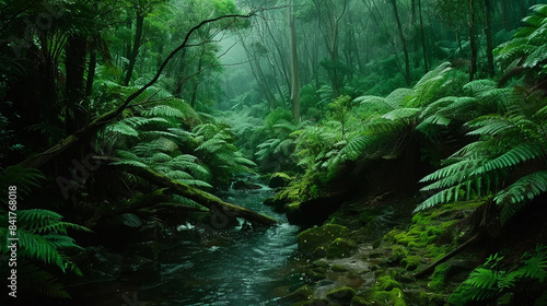 Lush evergreen vegetation in rainforest of Columba creek, Tasmania. © Zulfi_Art