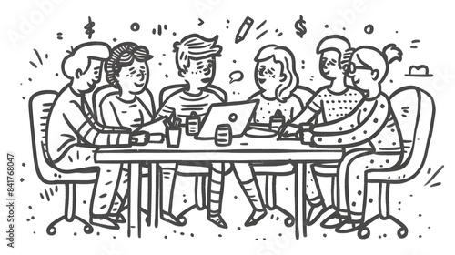 Diverse Business Team Brainstorming and Discussing Strategies in Doodle Line Art Style