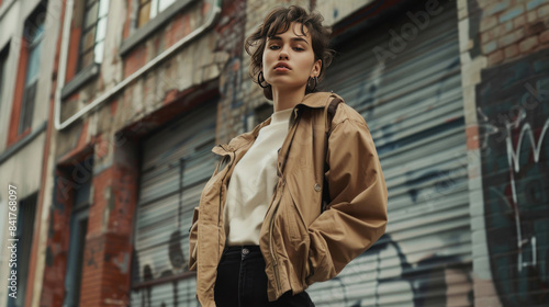 Model wearing a chic streetwear outfit in an urban setting © NooPaew