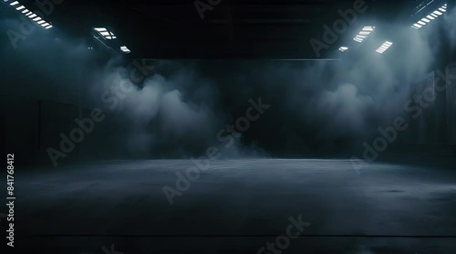 Abandoned empty warehouse with smoke and dramatic spotlights