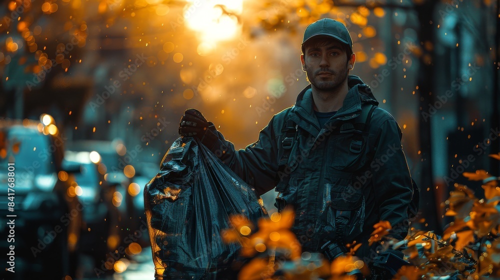 Fototapeta premium Determined Garbage Collector: Silhouette of Worker Lifting Full Trash Bag on Urban Street - Close-up Dynamic Shot