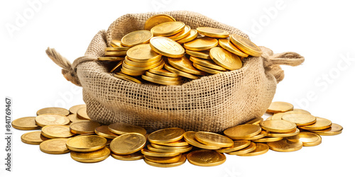 Set of golden coins bag on transparent background.
