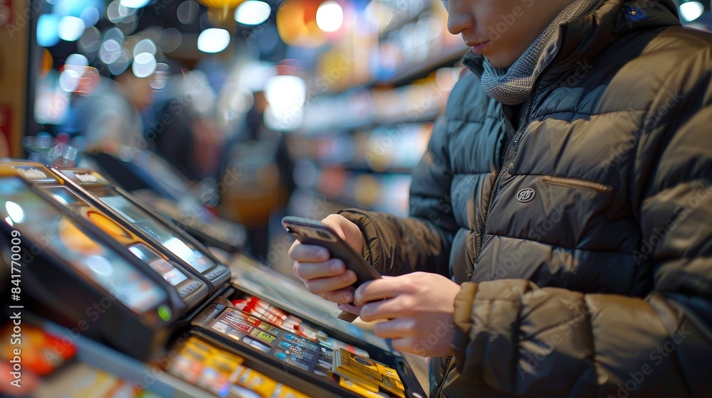 Mobile payment at a retail store, customer using phone, digital receipt Mobile payment at a retail store, customer using phone, digital receipt